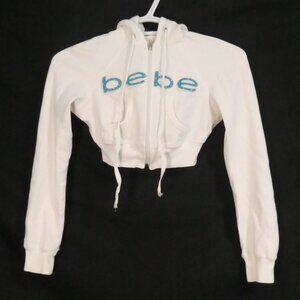BEBE | small | White Cropped Blue Bebe Logo Hoodie | Zip Closure | Made In USA